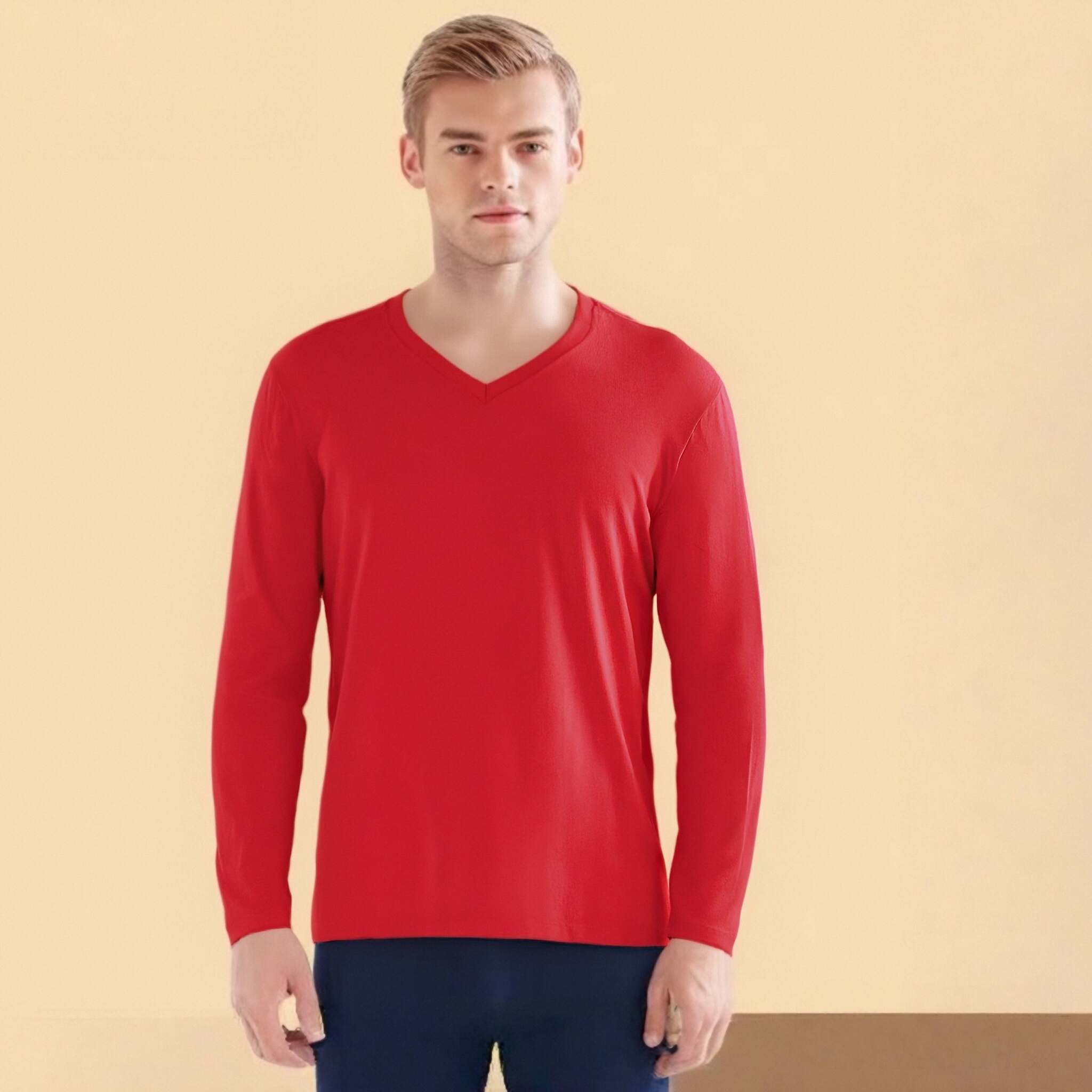 男士秋冬保暖上衣02496亲肤裸感V领长袖保暖秋衣打底衫