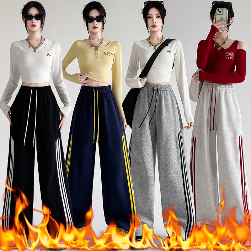 秋冬新款美式三条杠休闲直筒裤女高腰显瘦设计感抽绳阔腿运动卫裤