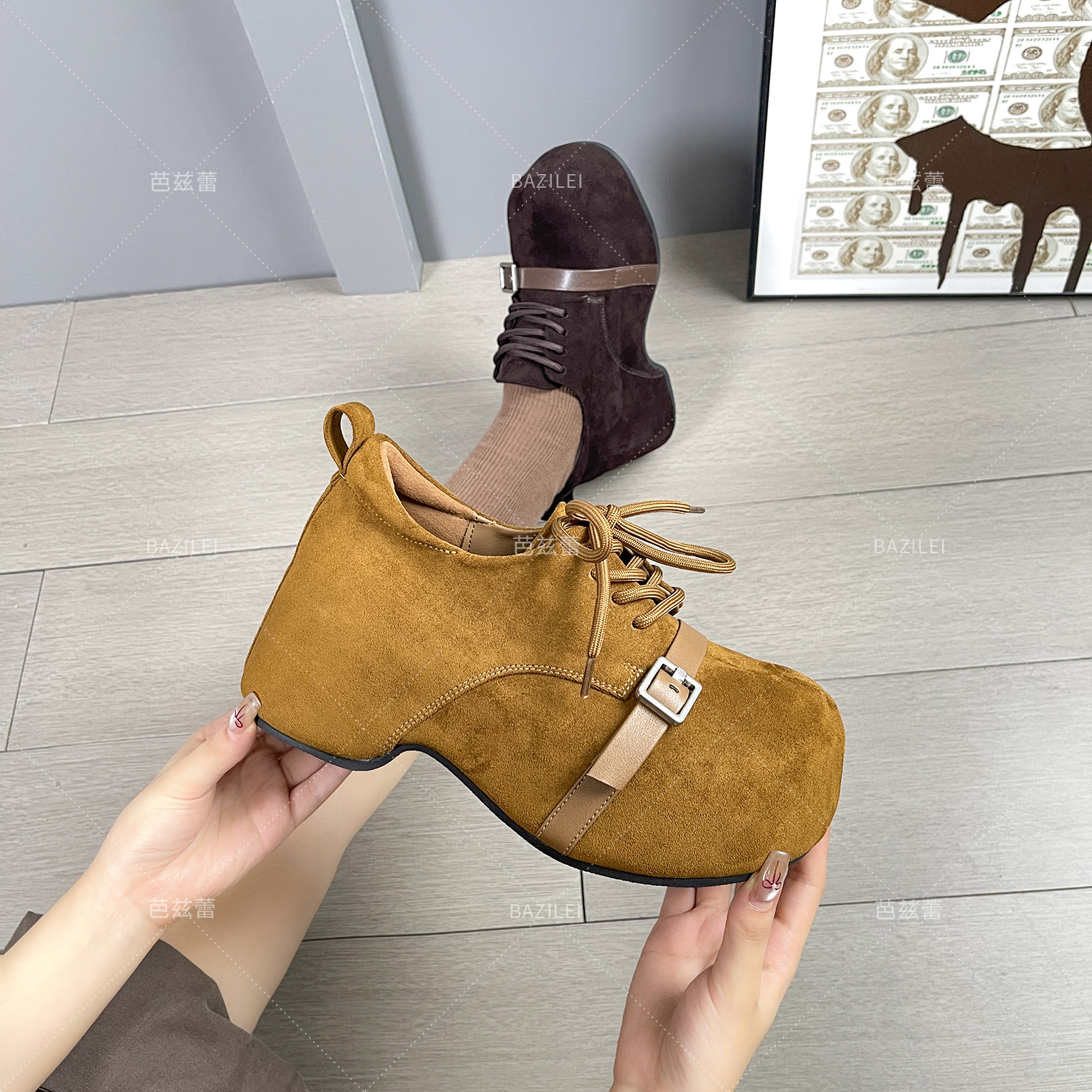 芭兹蕾皮扣增高6CM2025甜美懒人一脚蹬秋季鞋单鞋慵懒休闲风女鞋