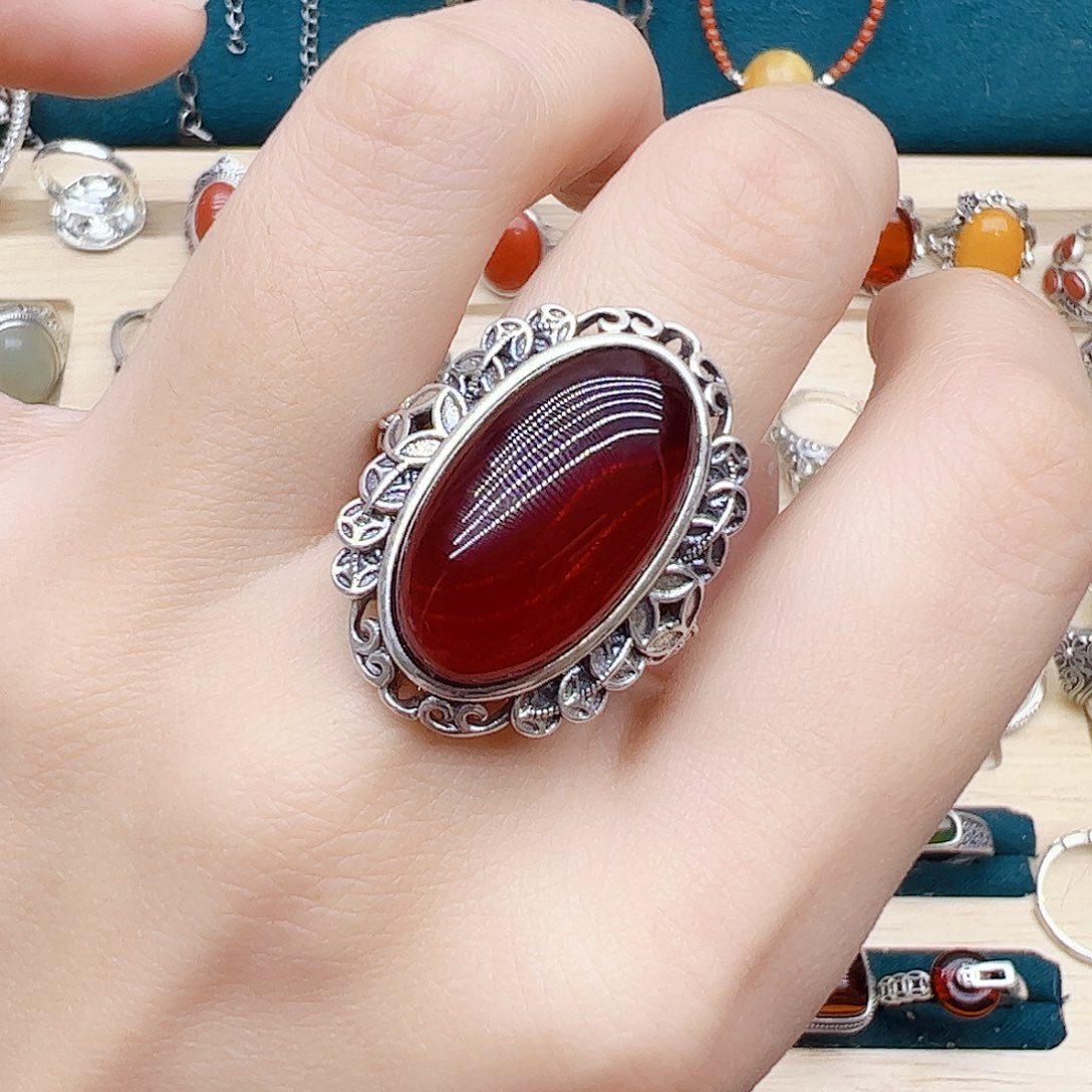 血珀戒指银S925镶嵌天然