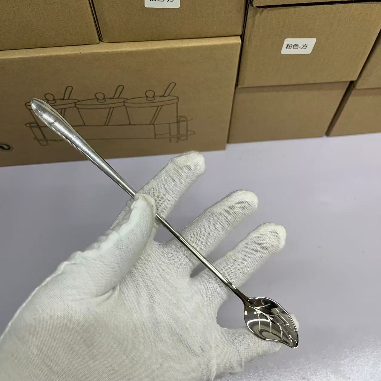 18/10钢长柄搅拌勺加长甜品勺调羹冰更奶茶蜂蜜树叶款搅拌勺创意