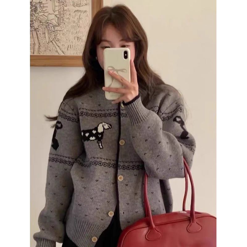 韩系百搭气质可爱小狗针织开衫