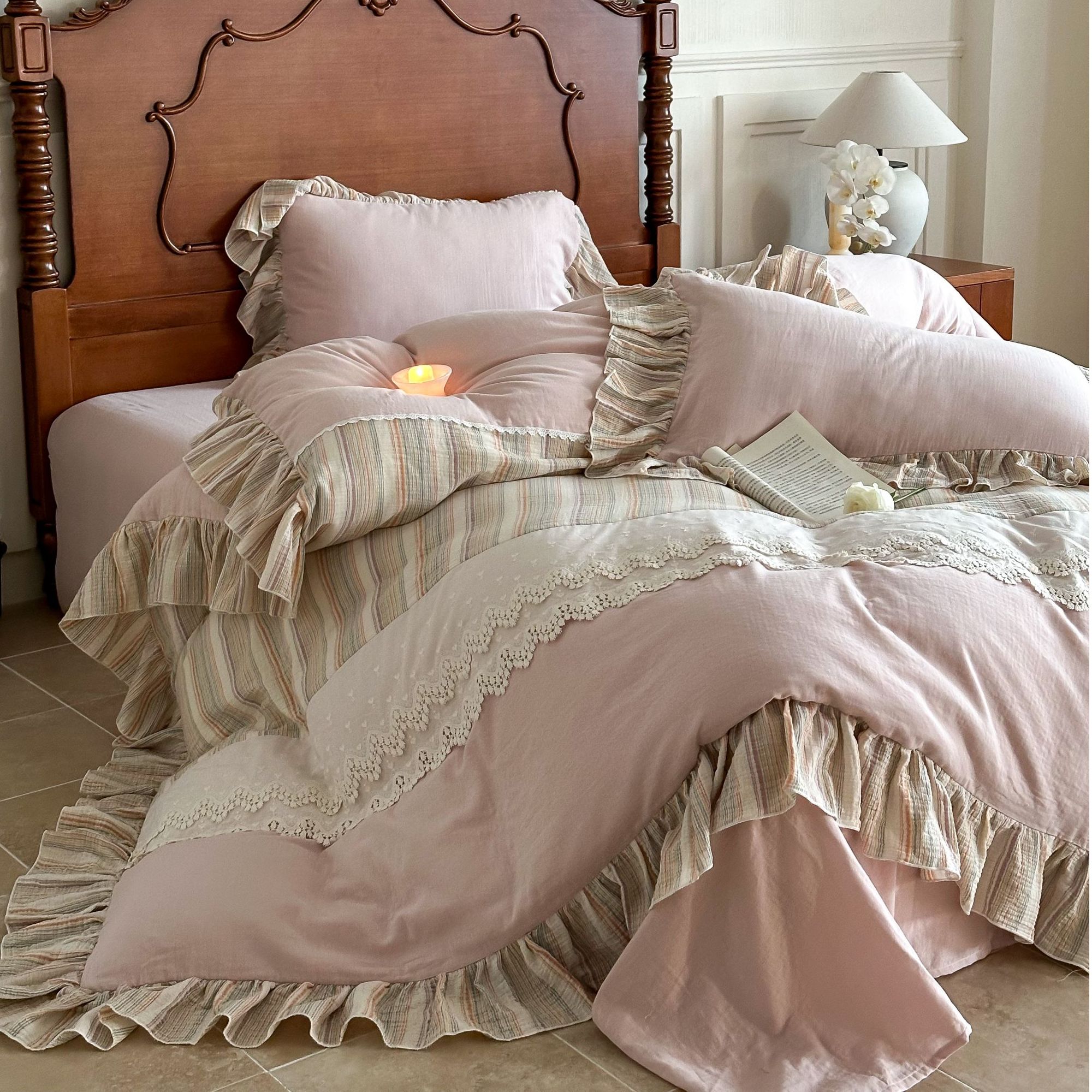 十七【风间桔梗】法式复古公主风重工花边款全棉纯棉双层纱四件套