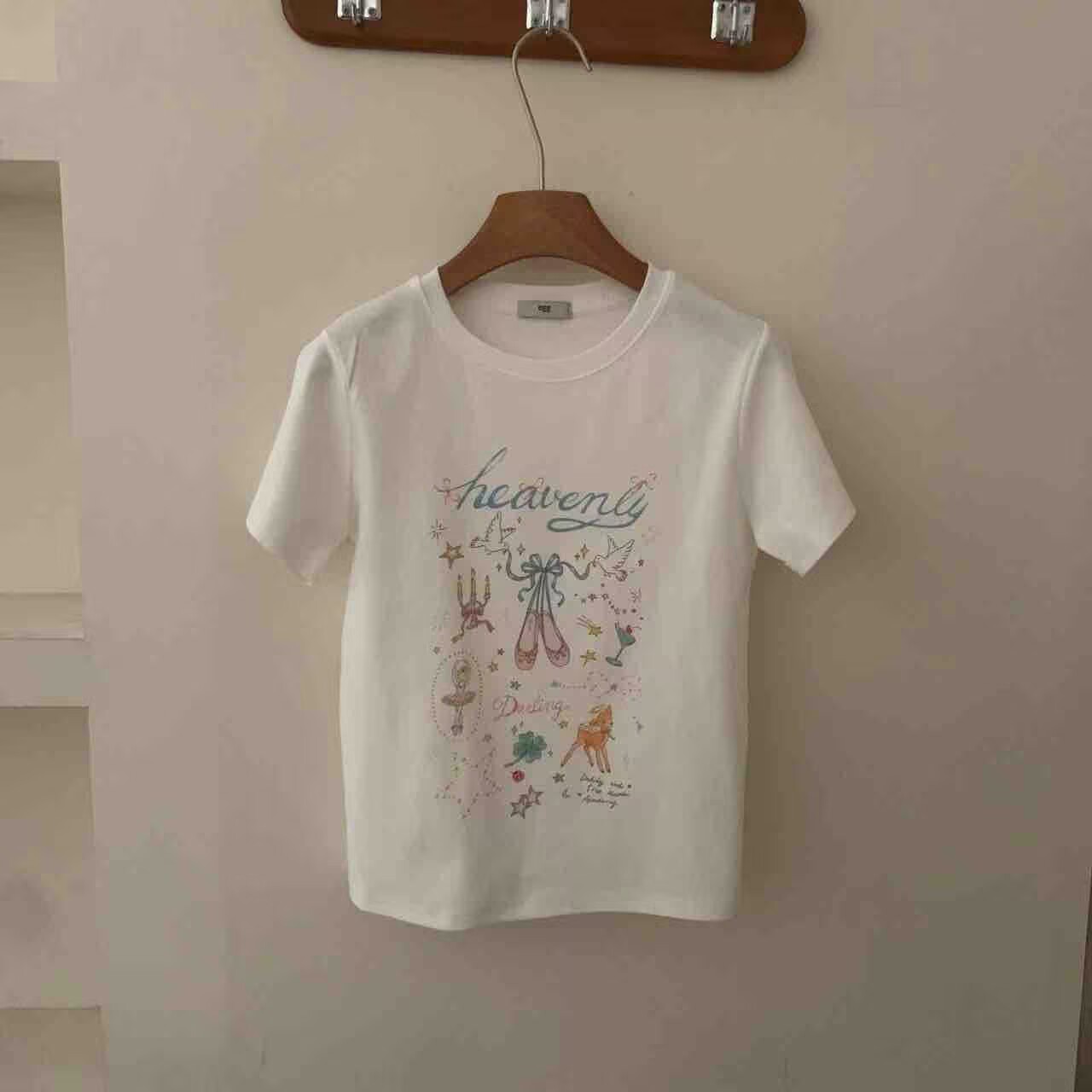 T2483 芭蕾圆舞曲~甜系少女可爱印花短袖T恤