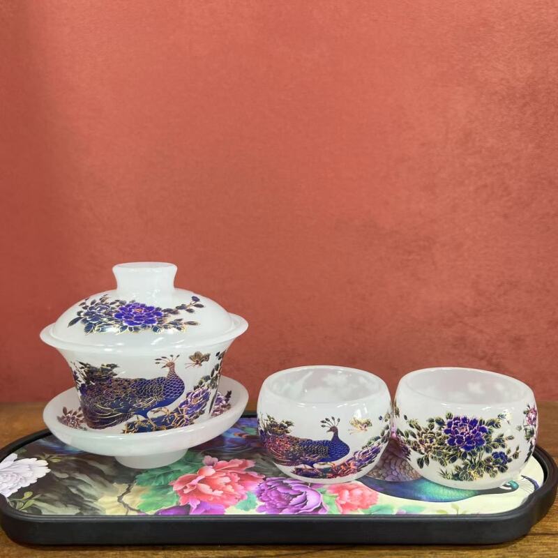 纯白孔雀变色三才盖碗+2杯+椭圆孔雀开屏（蓝）干泡盘28*12-2690