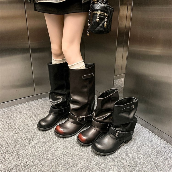 复古粗跟黑色马丁靴女款夏2025新款褶皱巨好看靴子堆堆西部牛仔靴