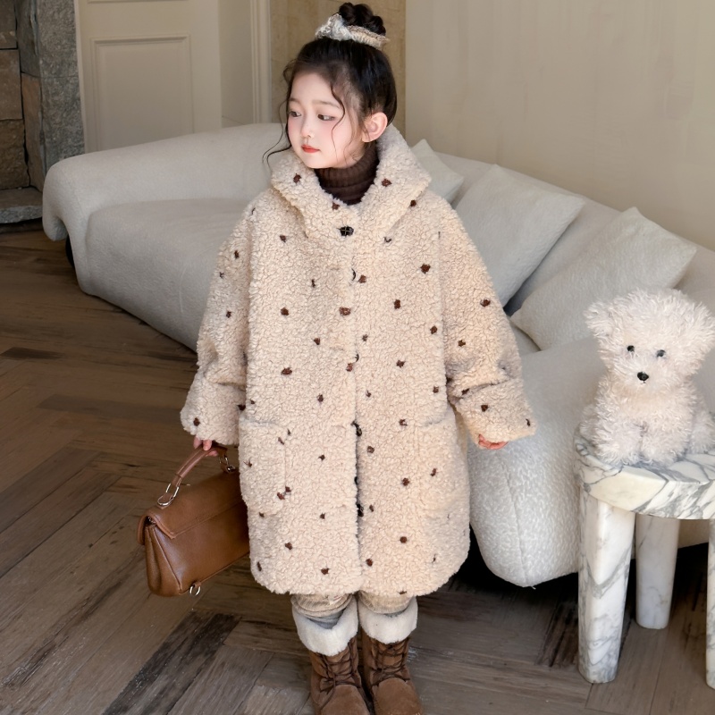 2025女童豹点羊羔毛连帽中长款环保大衣仿皮草皮毛一体洋气