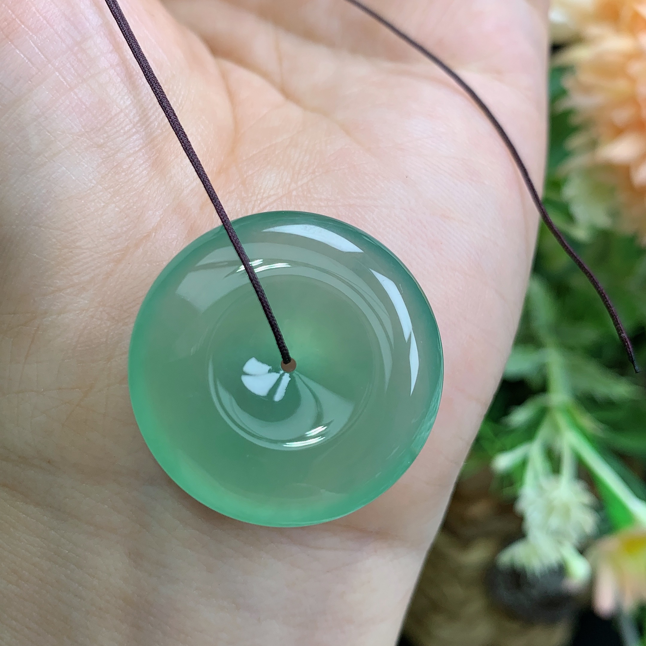 缅甸天然翡翠A货高冰起胶满晴绿饱满平安扣吊坠雪尺寸27.3×6.2mm