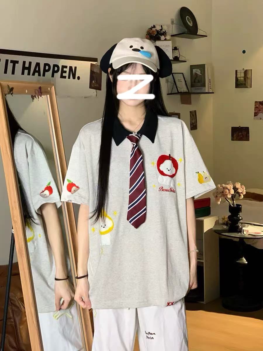 日系苹果刺绣小狗polo领带短袖女t恤夏季纯棉宽松学院风情侣上衣