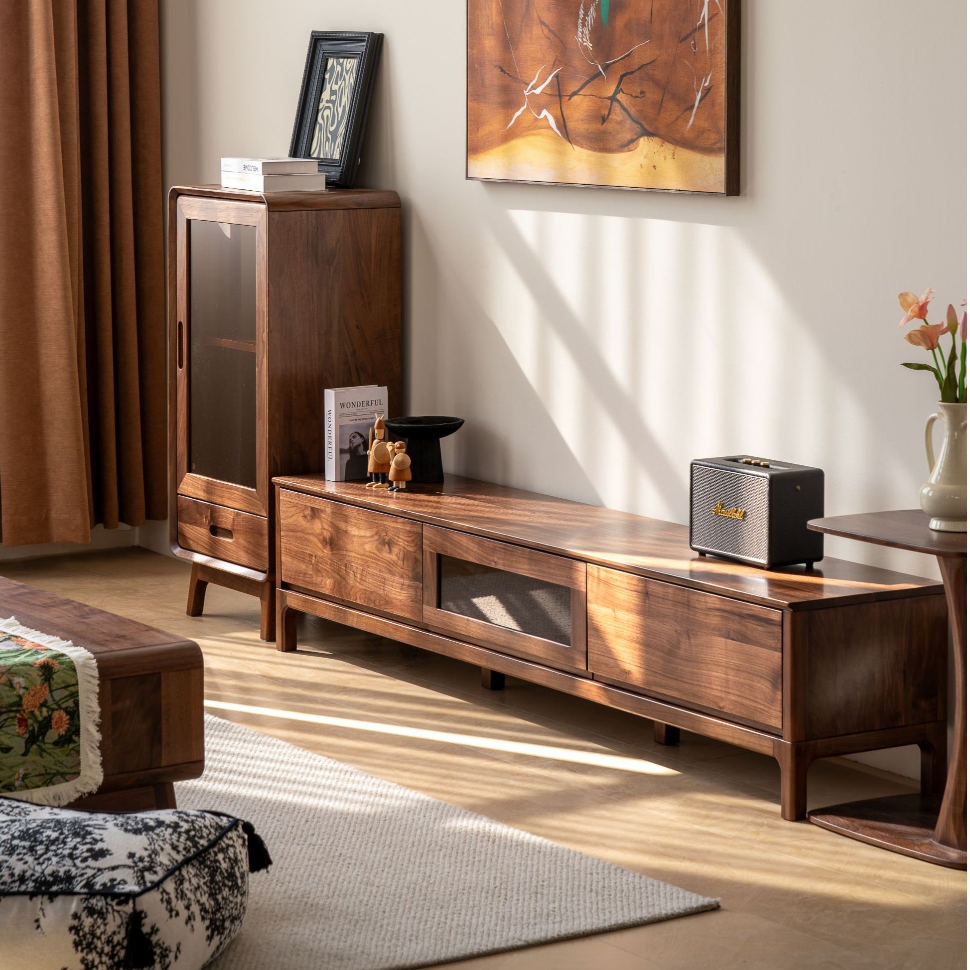 MIZEO米卓/北美黑胡桃木边柜电视柜现代中古风客厅斗柜实木柜子