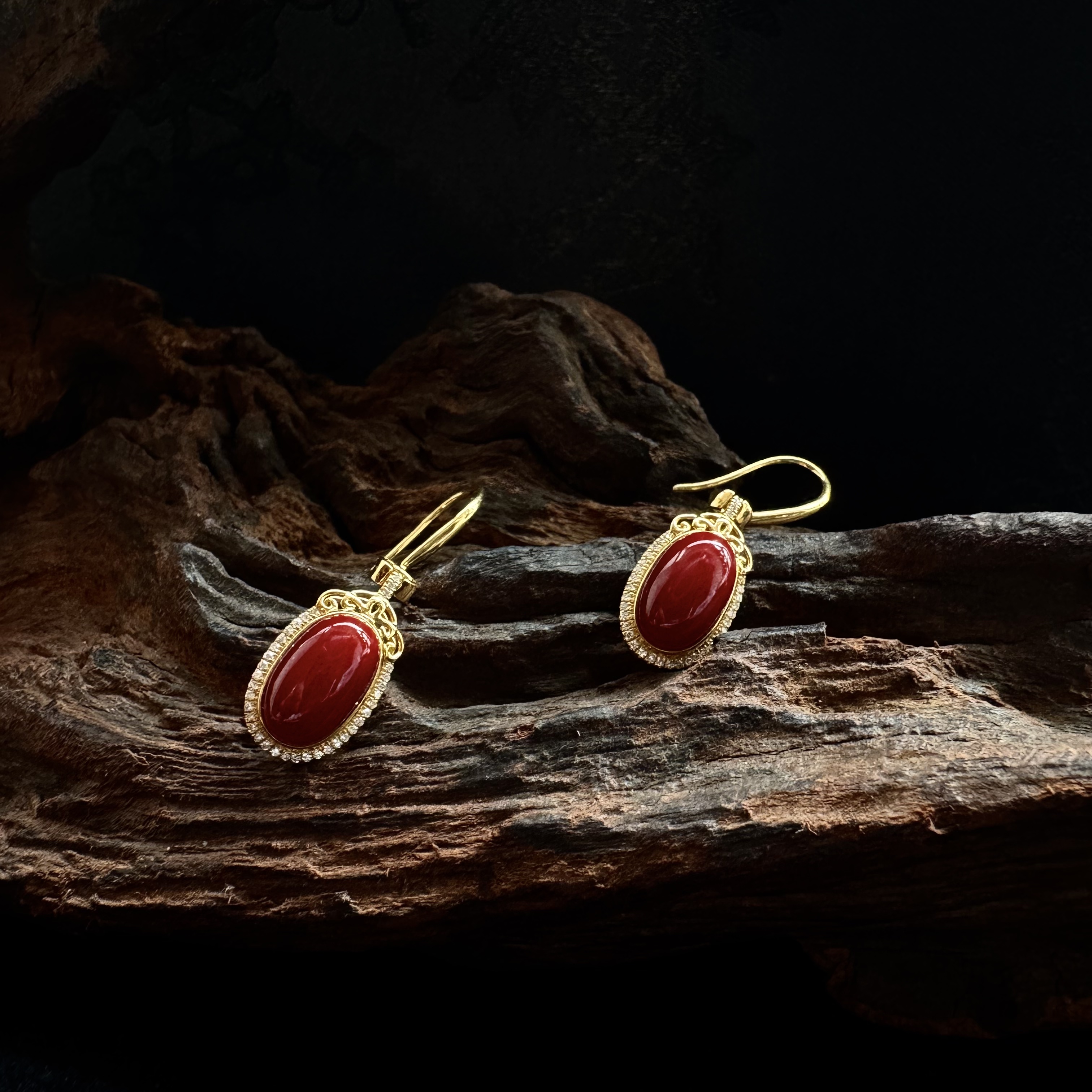 碧海丹心-天然阿卡红珊瑚耳坠（一对）-01001