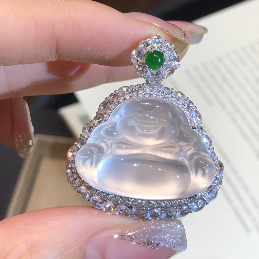 谨玉翠~银s925满钻镶嵌小众珠宝天然石英质玉弥勒佛玉石吊坠女款