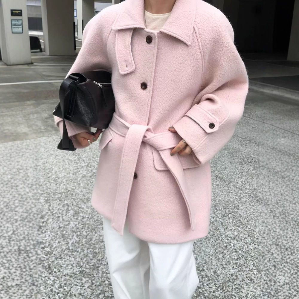 韩货-东大门韩系羊驼毛毛呢2025秋冬季粉色加厚单排扣大衣awe*r