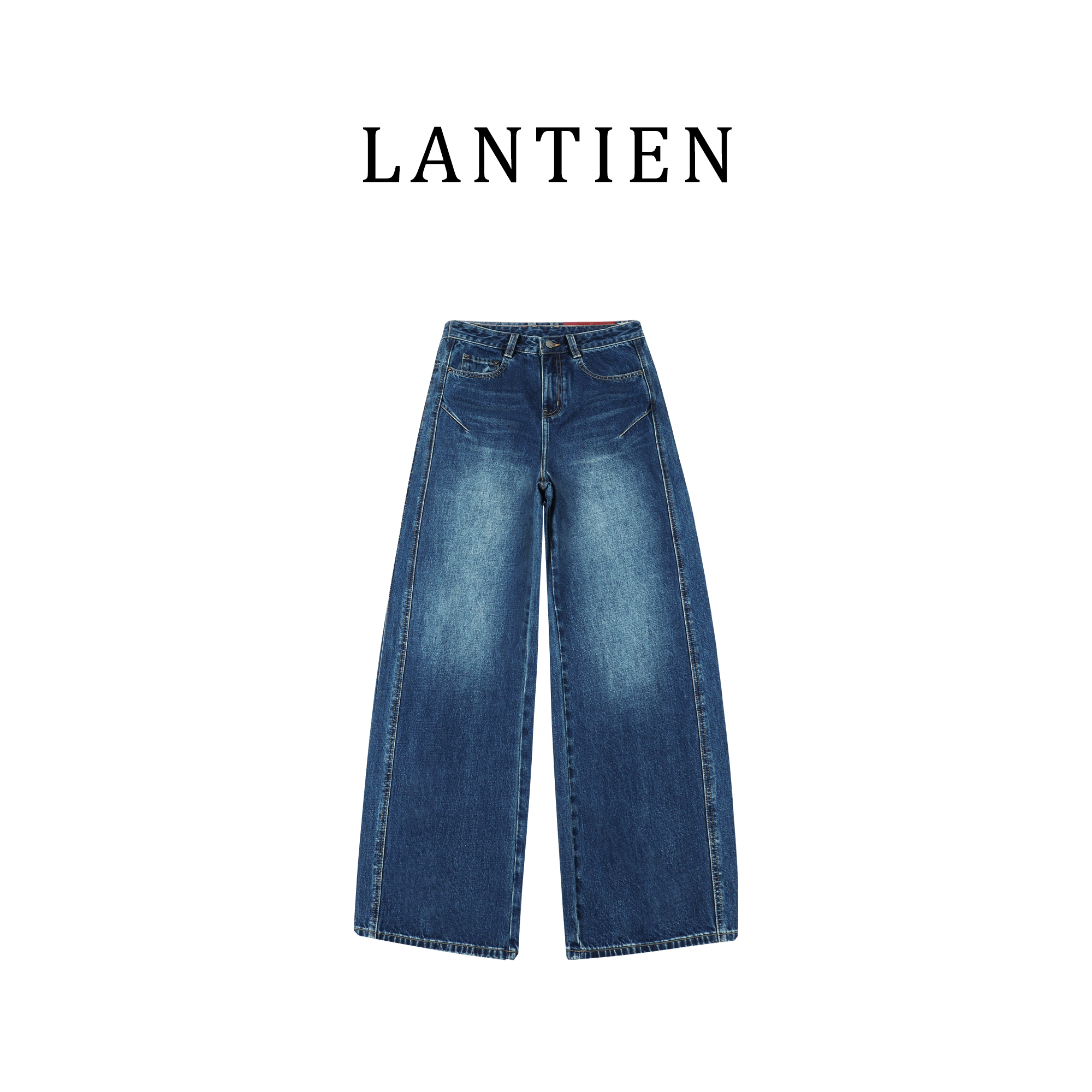 春秋新款高腰阔腿裤显瘦修身百搭蓝色弯刀裤重工洗水磨白牛仔裤