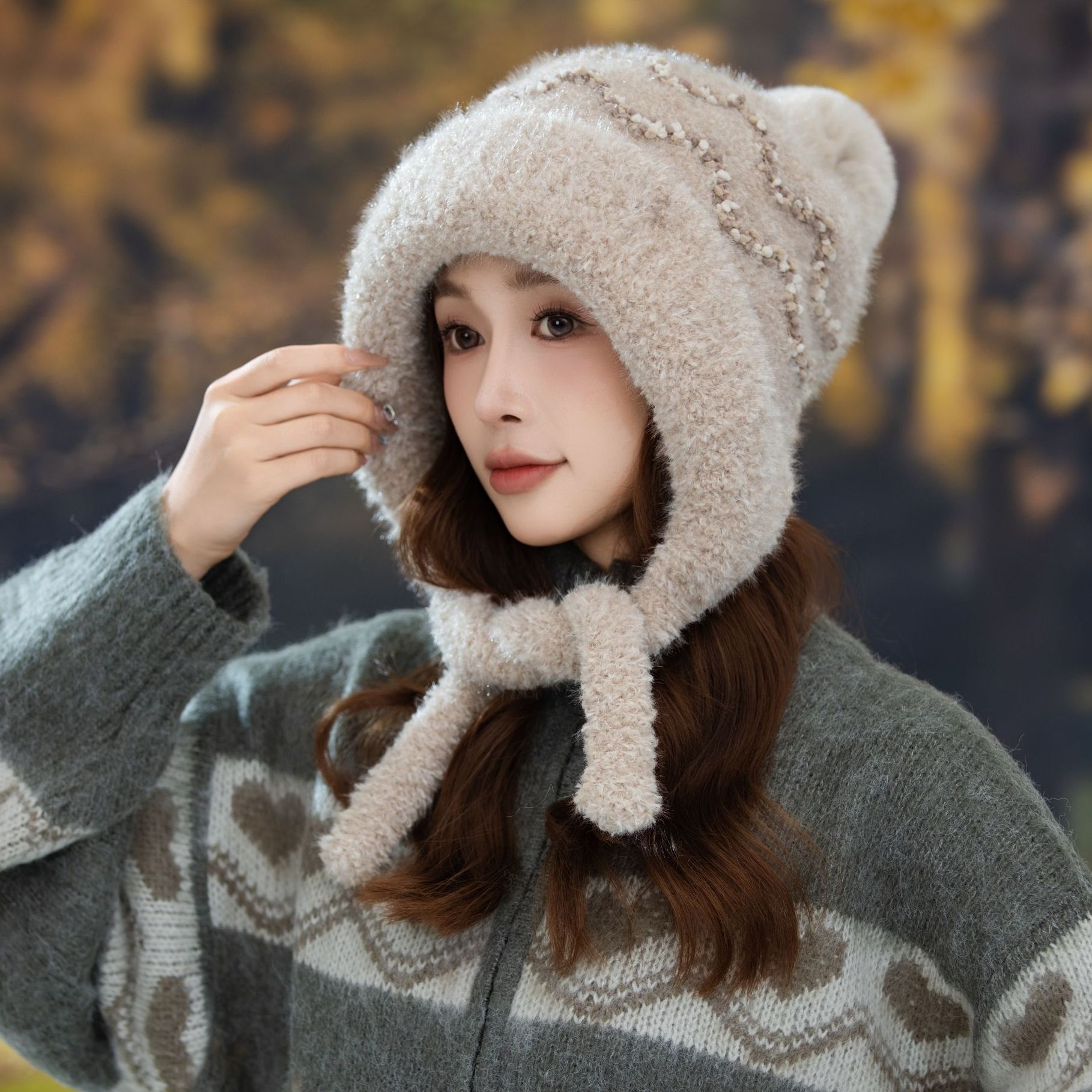 护耳帽子女款显脸小防寒保暖加绒加厚毛线针织帽秋冬季毛绒雷锋帽