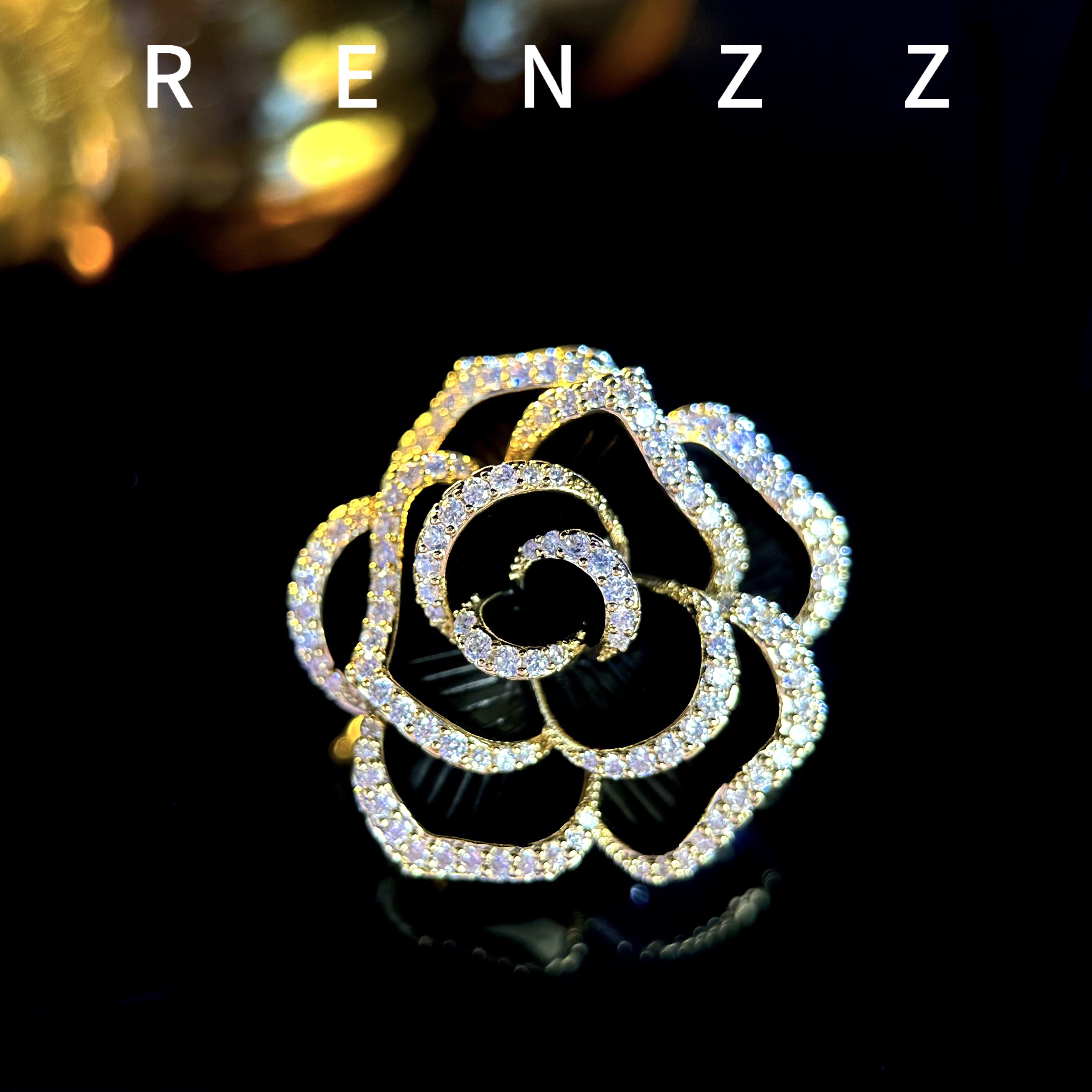 铜合金合成锆石胸针 3070 镀K金 黑色小香风山茶花磁吸扣