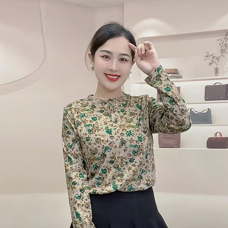 春秋季新款碎花上衣女长袖百搭修身时尚妈妈装弹力显瘦减龄打底衫