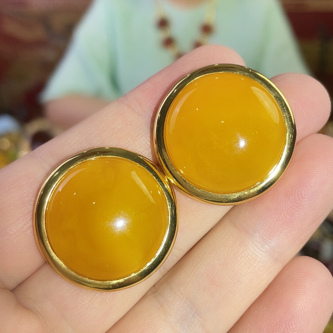 蜜蜡银S925镀金镶嵌耳钉