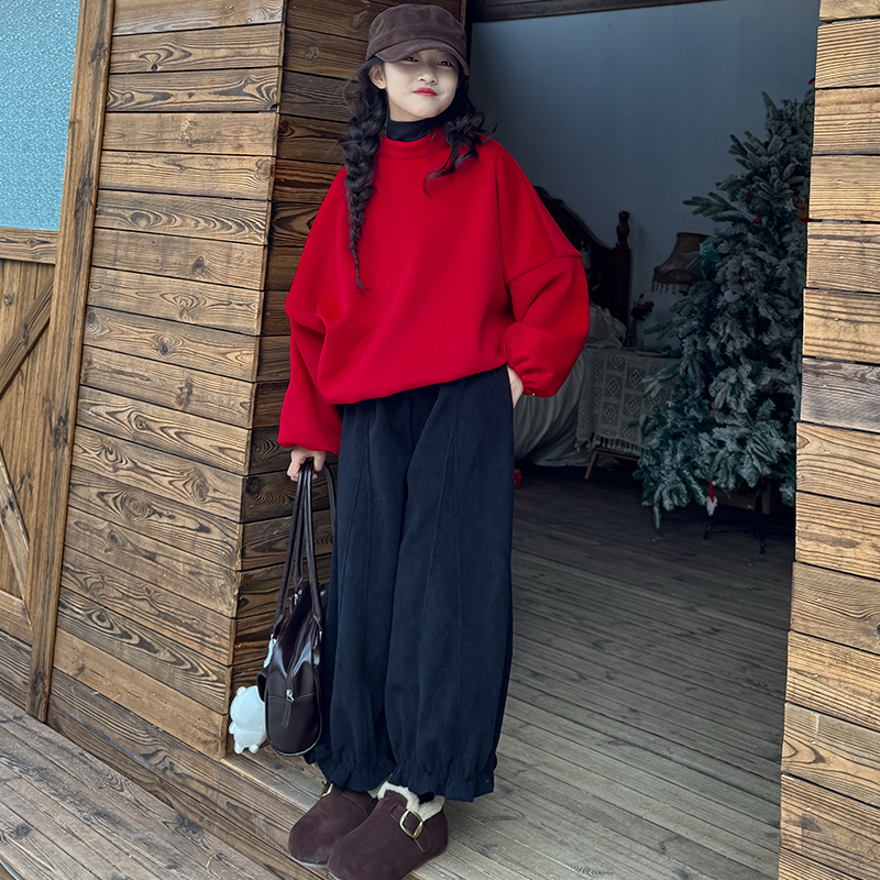 女童卫衣韩版秋冬季洋气红色新年羊毛呢子上衣中大童休闲套头内搭