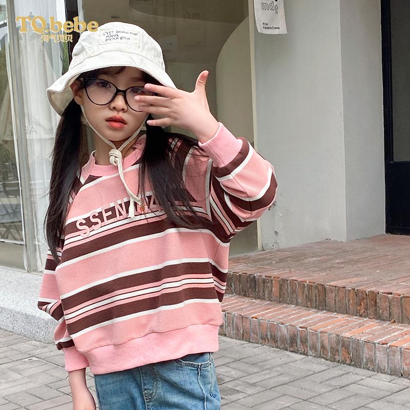 女童卫衣2025春季新款撞色条纹长袖不规则领口休闲女大童宽松卫衣