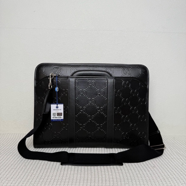 99新 GUCCI/古驰  6233/时尚黑色全皮压纹隐形手柄可手提或斜挎背