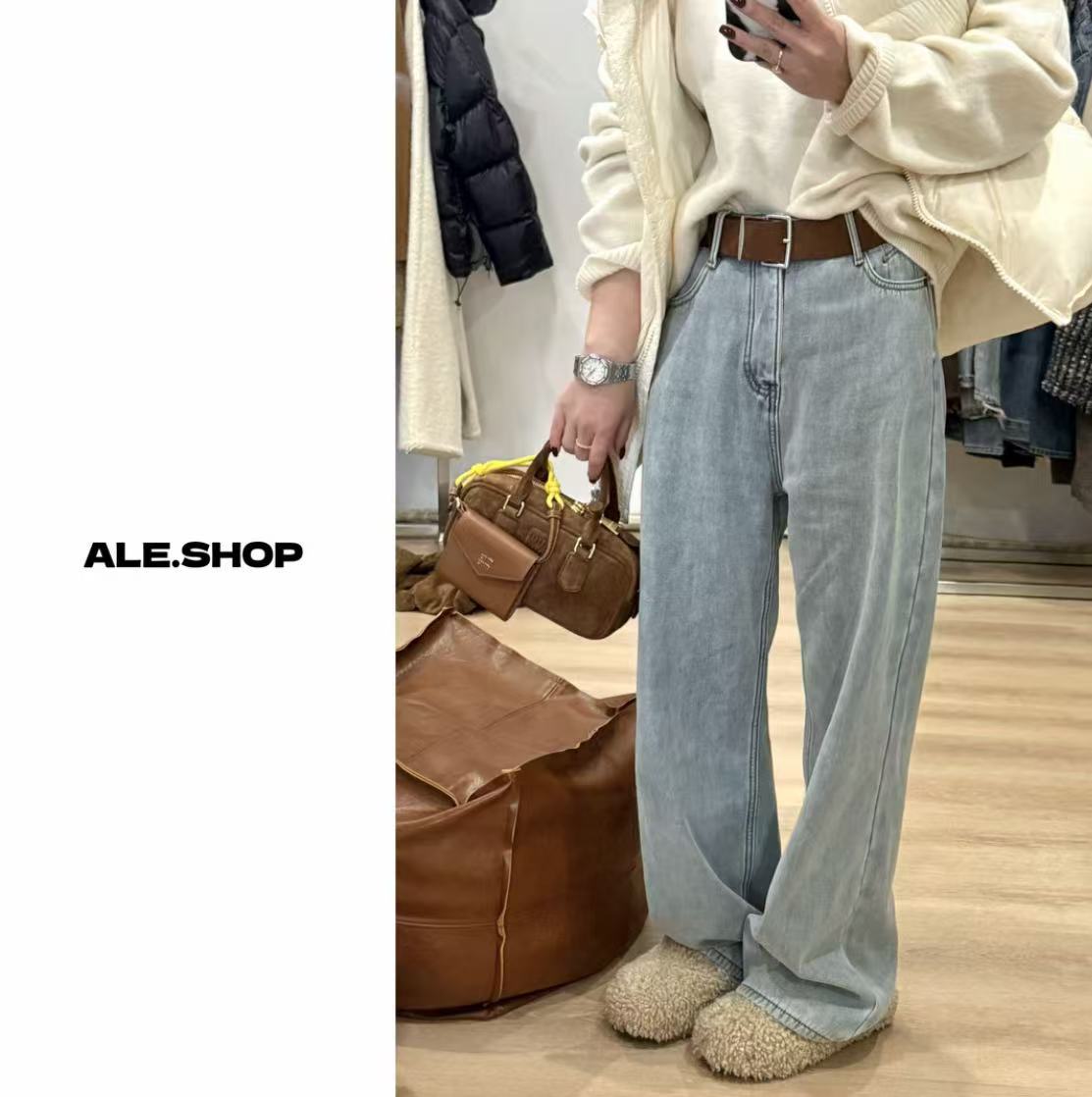 【阿乐家】大码微胖“王牌神裤”自带垂感显瘦简约百搭加绒浅色牛仔裤