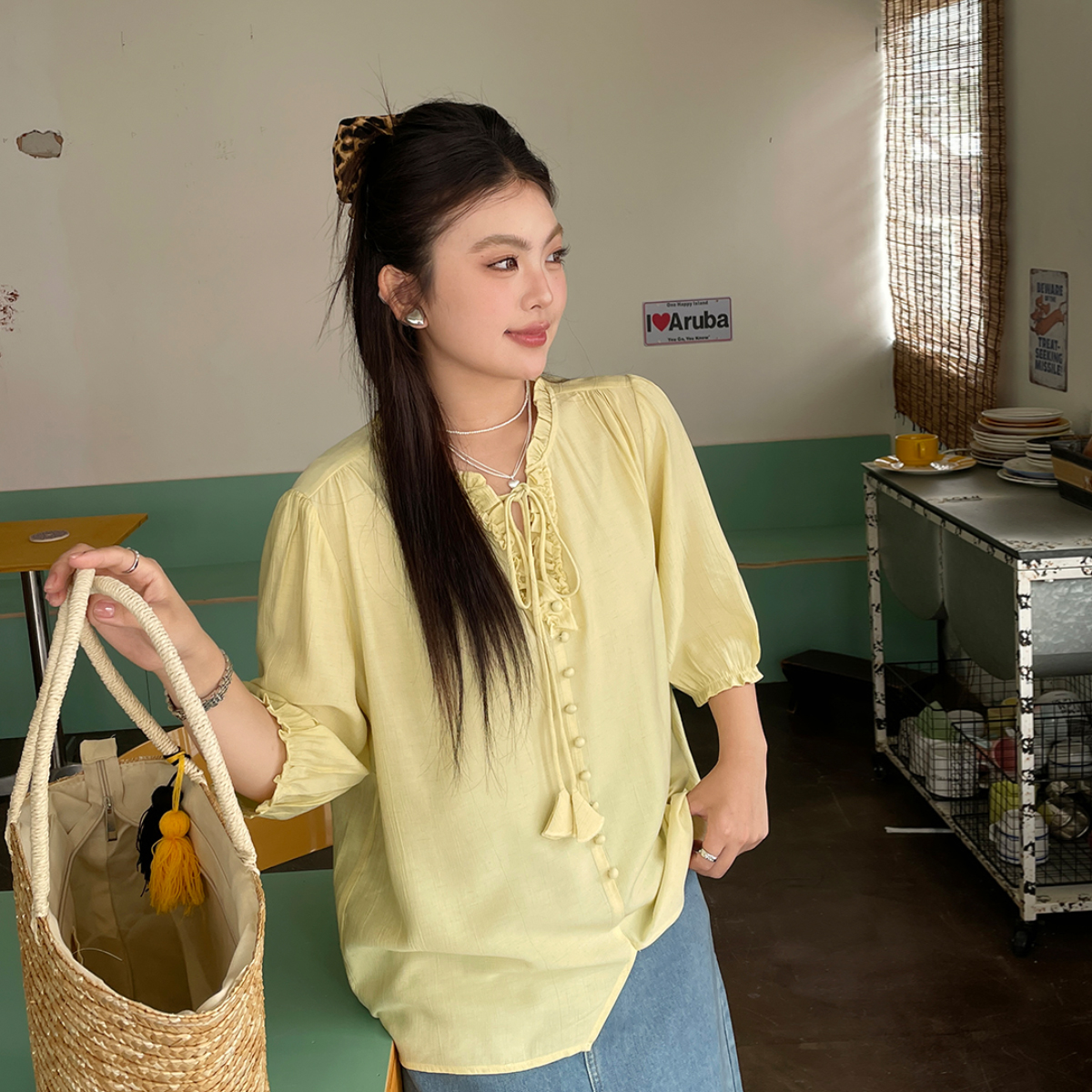 【现现专场】大码女装V领木耳边系带七分袖衬衫春夏法式高级感上衣