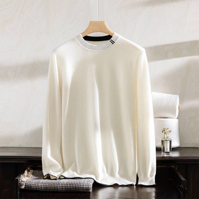 100%山羊绒秋冬新款男士小设计圆领撞色厚款时尚休闲针织打底毛衣