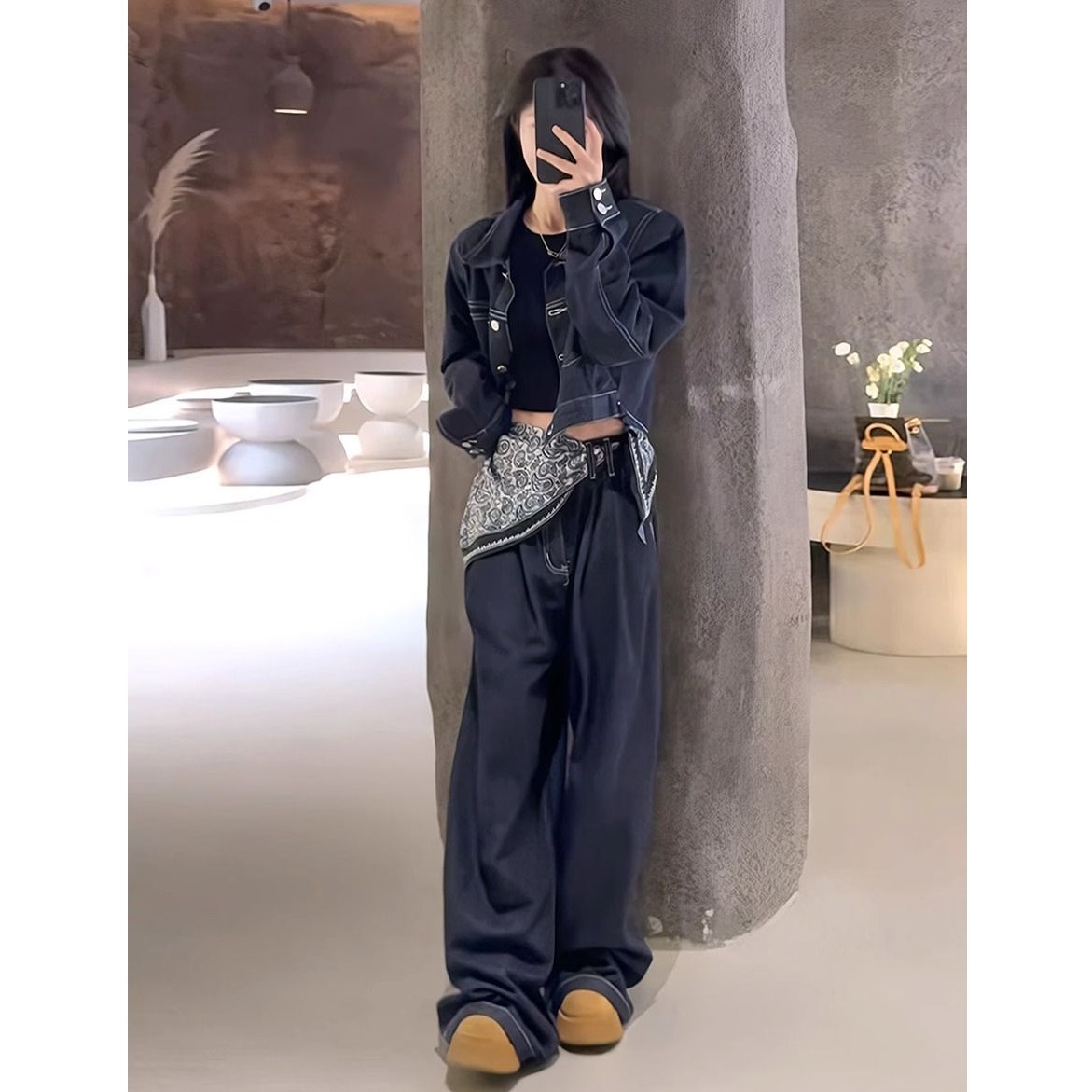 复古港风牛仔套装女2025秋季新款高级感时髦休闲外套阔脚裤两件套