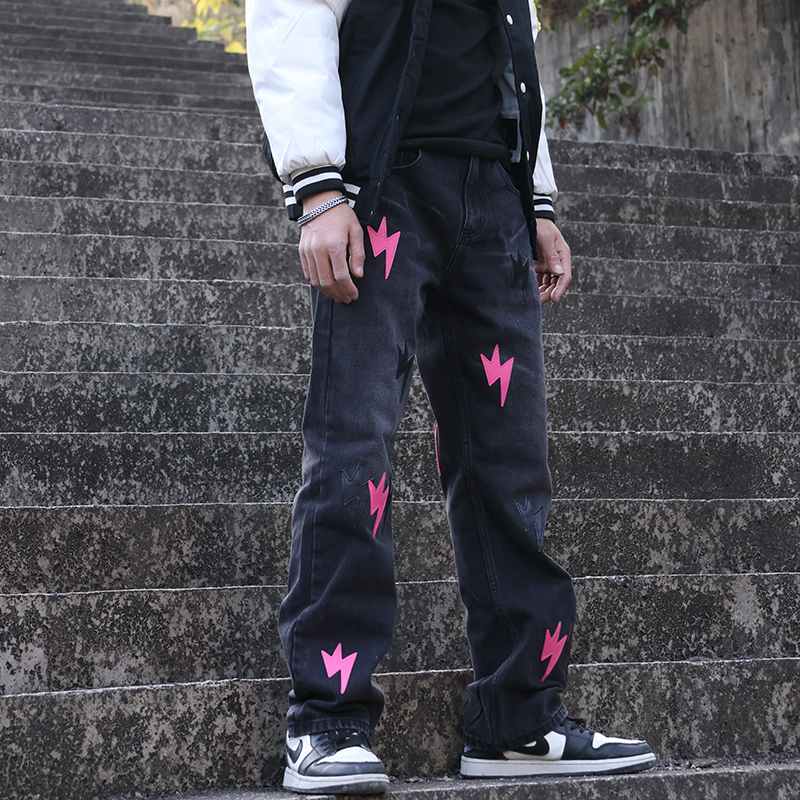 THIS WOW美式501改良贴皮男女501裤子宽松牛仔裤直筒黑色粉皮裤子