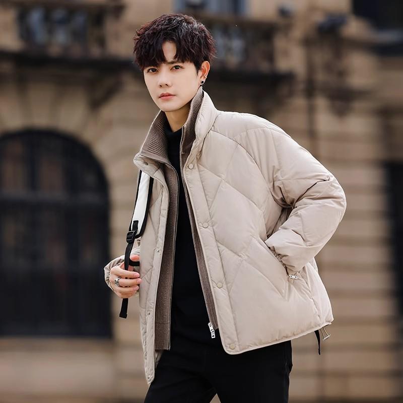 2025新款宽松拼接假两件羽绒服男冬季男装50白鸭绒保暖轻薄款外套