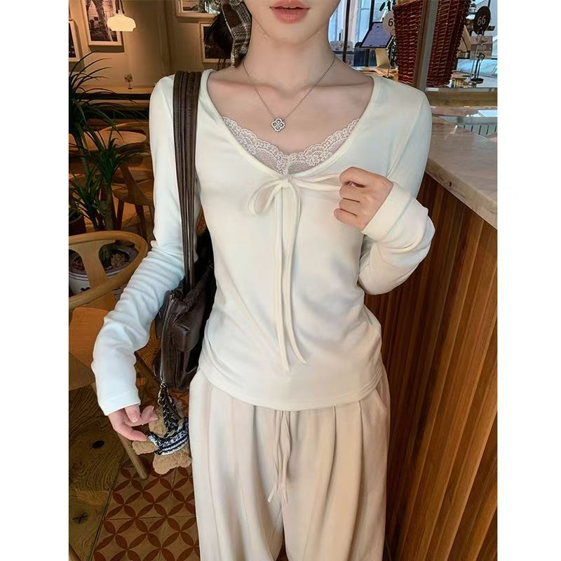 6607#韩系绑带蕾丝花边v领内搭打底衫女冬季长袖t恤修身德绒上衣