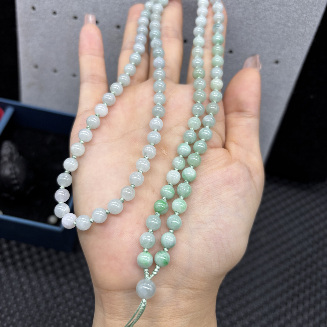 福利天然缅甸A货翡翠果绿圆珠6mm玉石挂件绳毛衣链珠链时尚百搭款