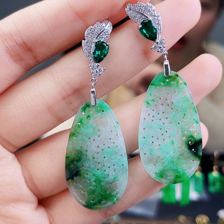 翡翠耳饰银S925镶嵌饰品