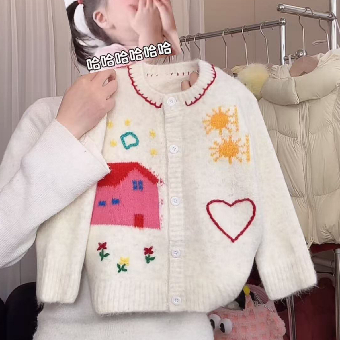 女童冬季新款针织毛衣洋气卡通图案女宝宝针织开衫