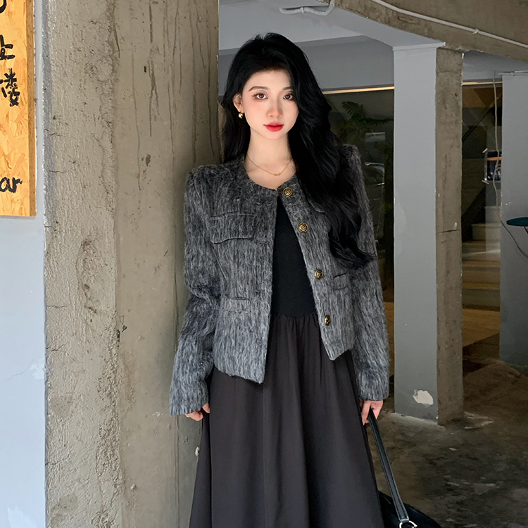 大码胖mm秋冬夹棉小香风毛毛外套5763