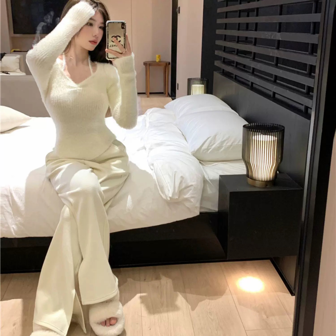 白色挂脖毛衣女针织打底衫A516