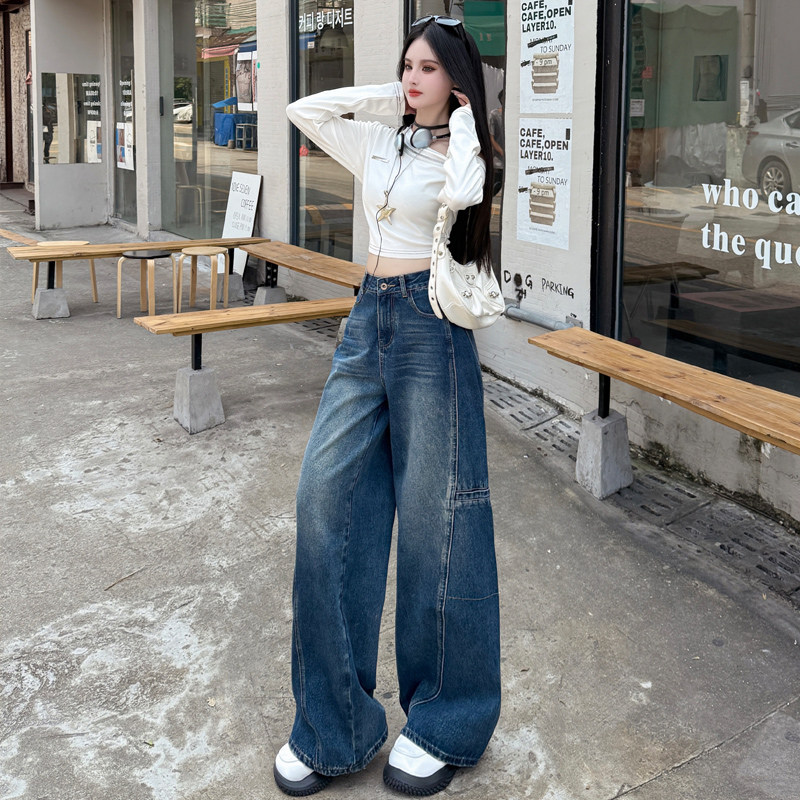 美式复古阔腿牛仔裤女2025秋季新款设计感宽松时尚百搭直筒拖地裤