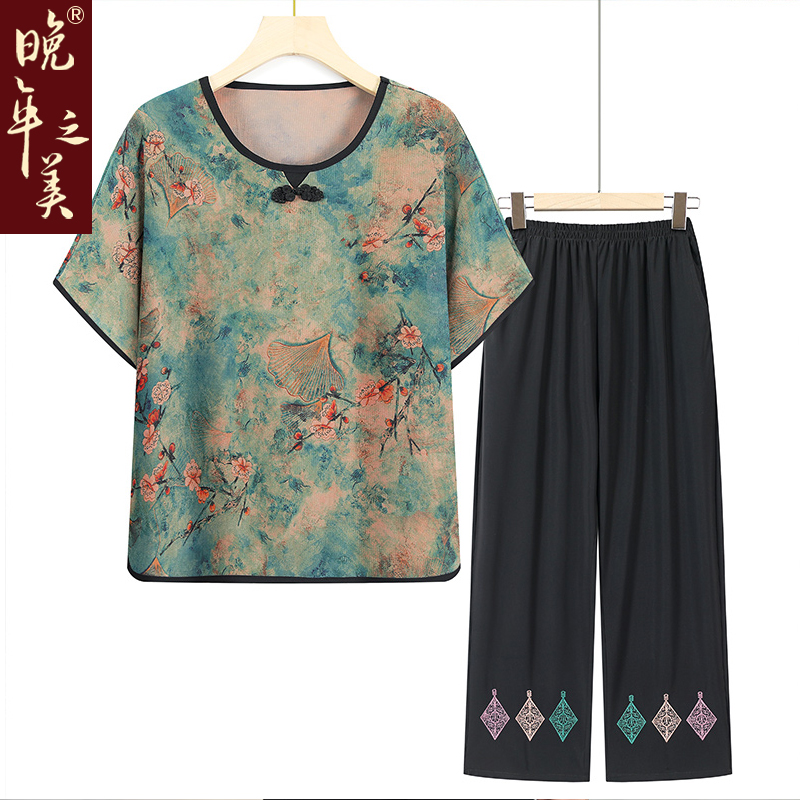 中老年女装奶奶装大码短袖两件套妈妈女民族风衬衣老太太夏季衣服