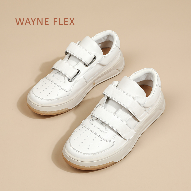 韦恩Wayneflex女舒适板鞋全粒面小牛皮面魔术贴低帮小白鞋3080