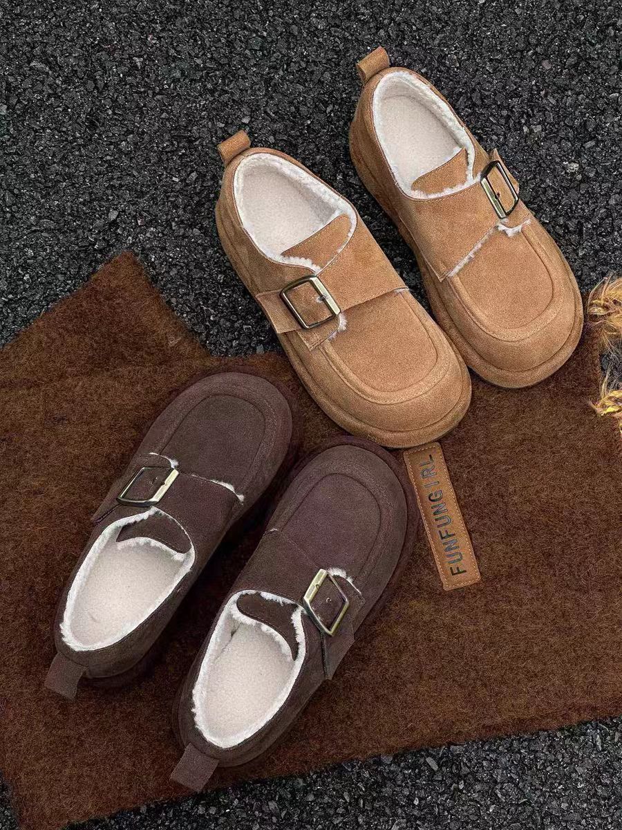 磨砂皮保暖加绒勃肯鞋女新款秋冬季厚底低帮雪地棉鞋225