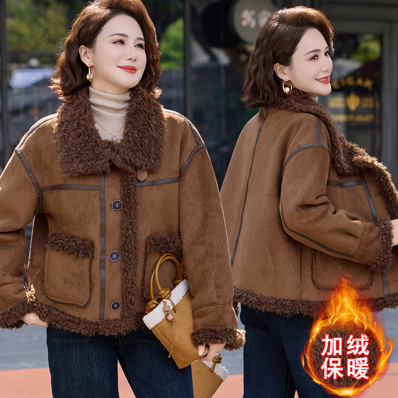 妈妈冬装加绒加厚大衣皮毛一体棉服外套中老年女秋冬洋气保暖棉袄
