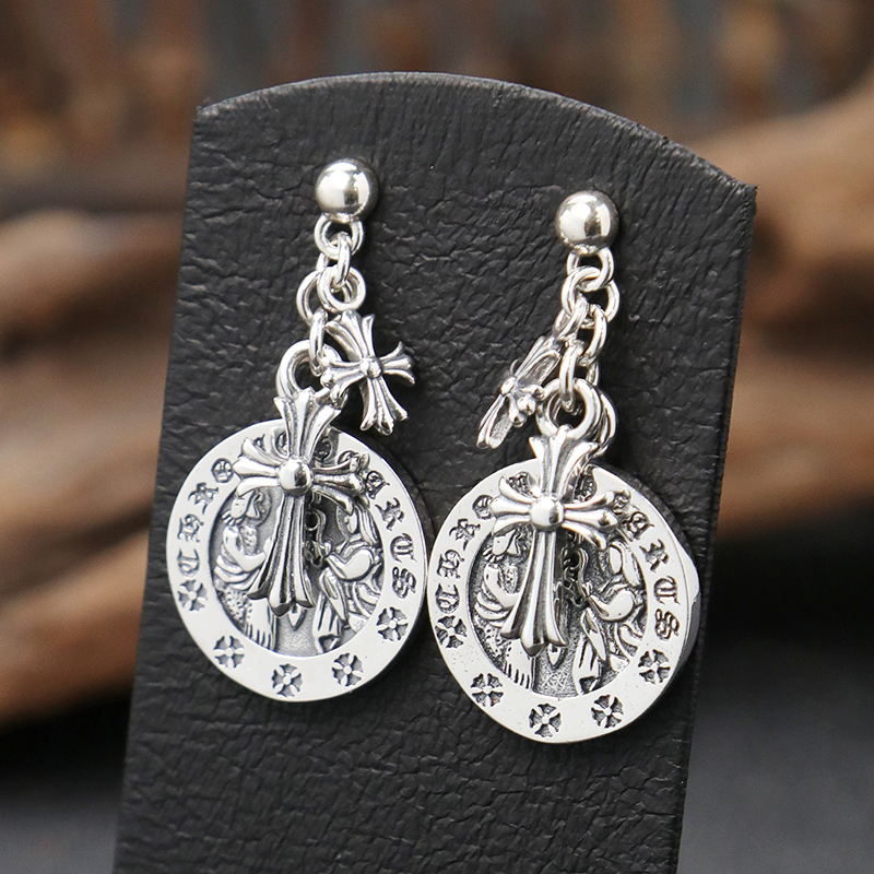 925银耳饰 哥特字母圆牌十字圣剑耳钉 耳扣 男女款流行耳饰