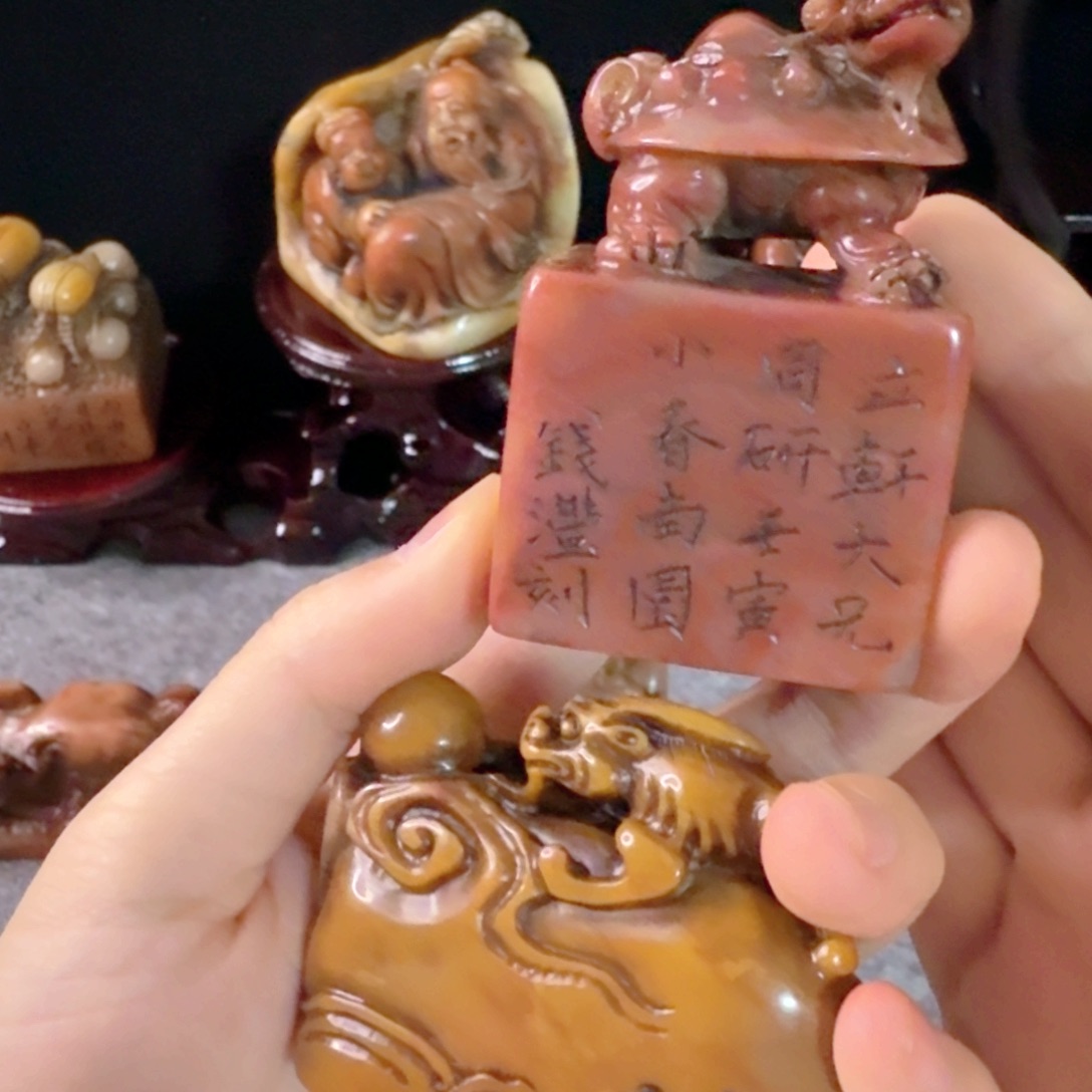 笑***生砖雕寿山石雕刻龙龟+龙戏珠 两件