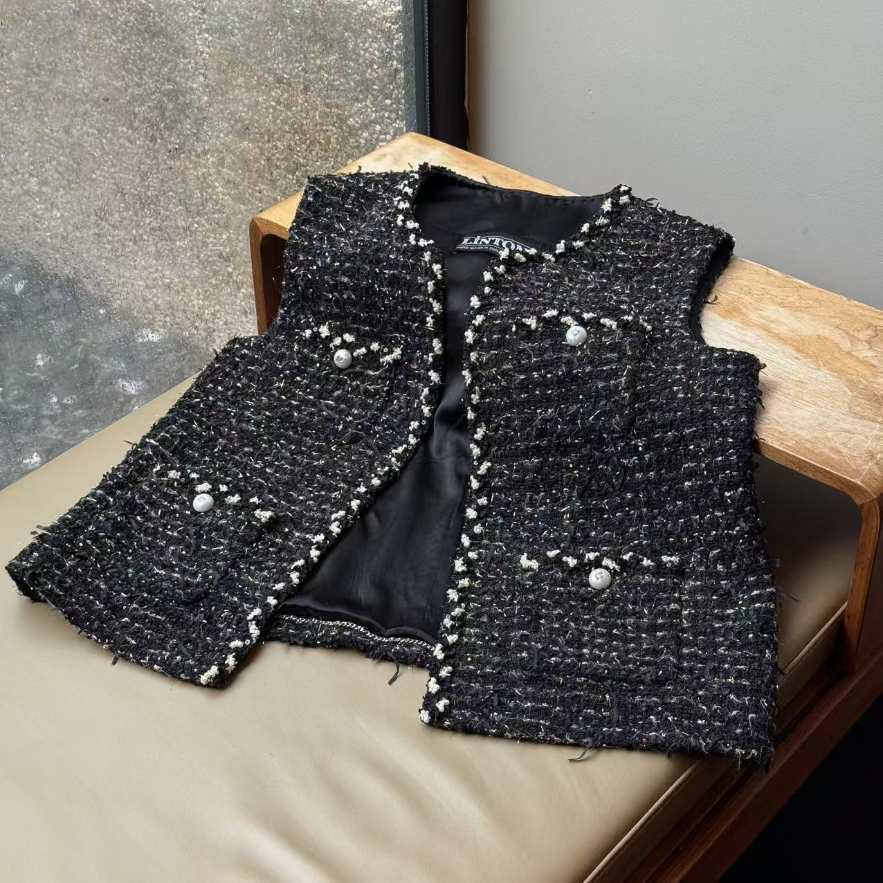 《繁花》MYL 2025年秋季新款羊毛混纺小香马甲无袖亮片小香马夹