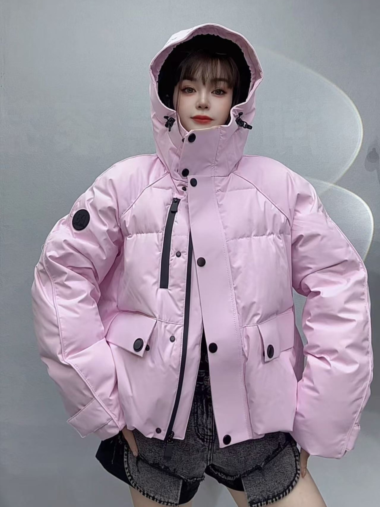 欧货女装原创不撞衫连帽简约冲锋衣白鸭绒羽绒服