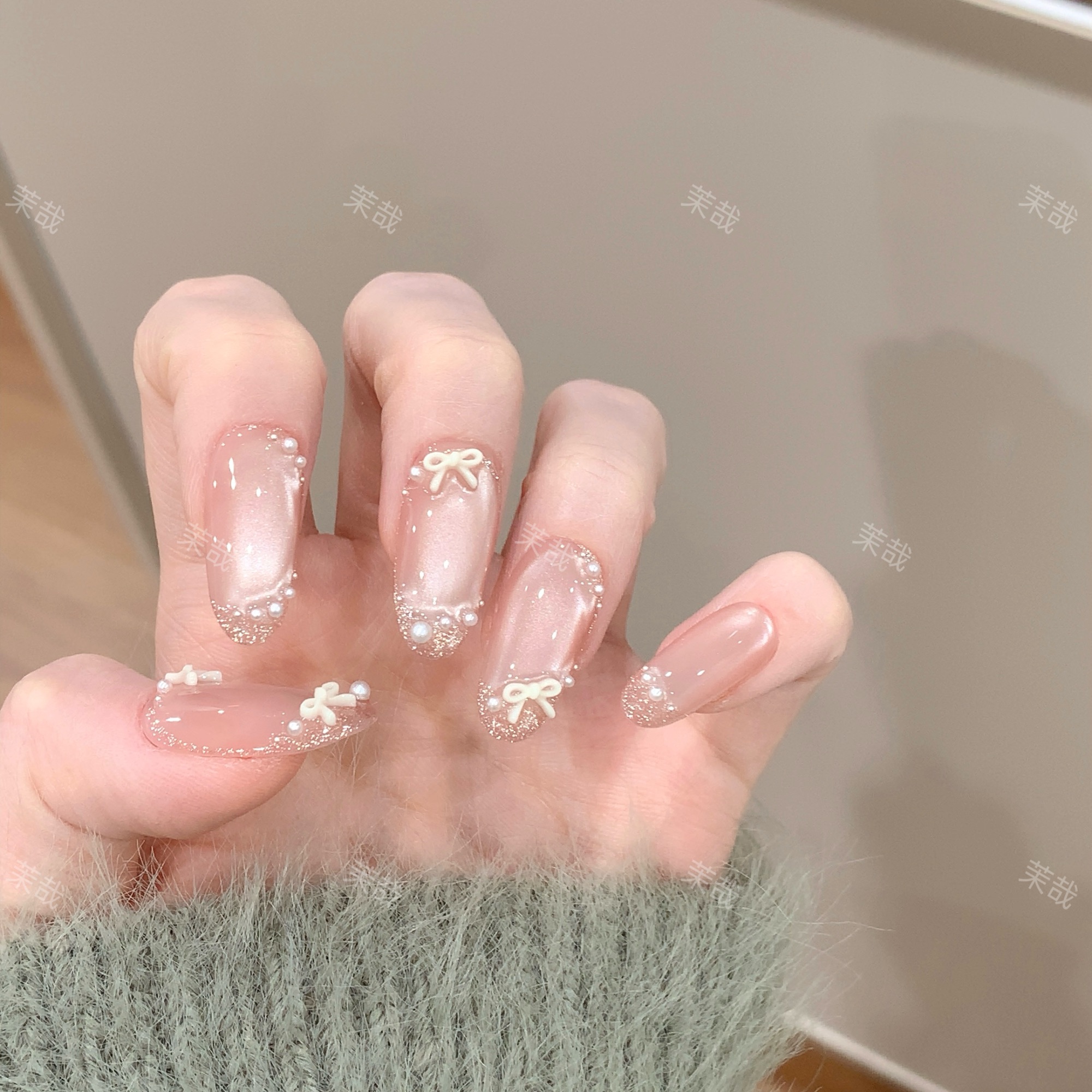 茉哉w【粉缎稠光】纯手工定制美甲拆卸穿戴甲A5111 