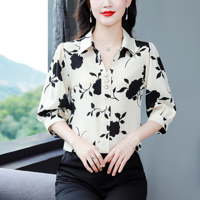 2025春夏新款洋气女士七分袖衬衣短款百搭桑蚕丝上衣