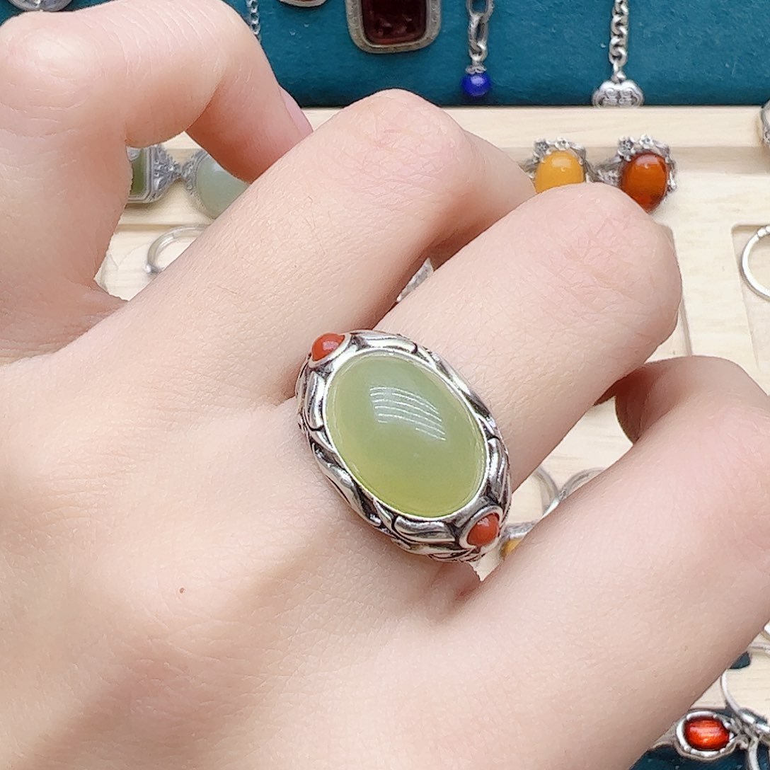 和田玉戒指银S925镶嵌