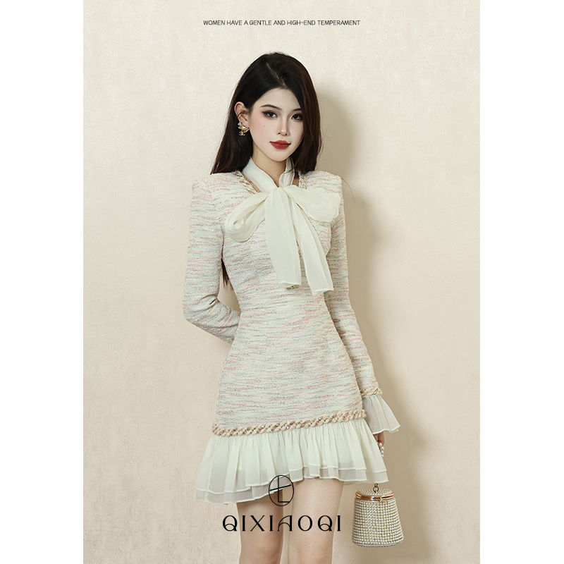 七小七Sicily【粉漾甜心】法式气质V领长袖粉色修身优雅秋冬高级